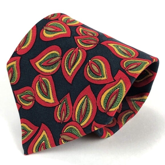 BURBERRYS OF LONDON Tie Black Colorful Leaves Nature Elegant Silk Necktie Italy - Picture 2 of 10